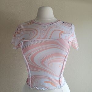 CLOUD DANCER Micro Mesh Crop Top Size S Lettuce Hem Sheer Disco 70s Short Sleeve